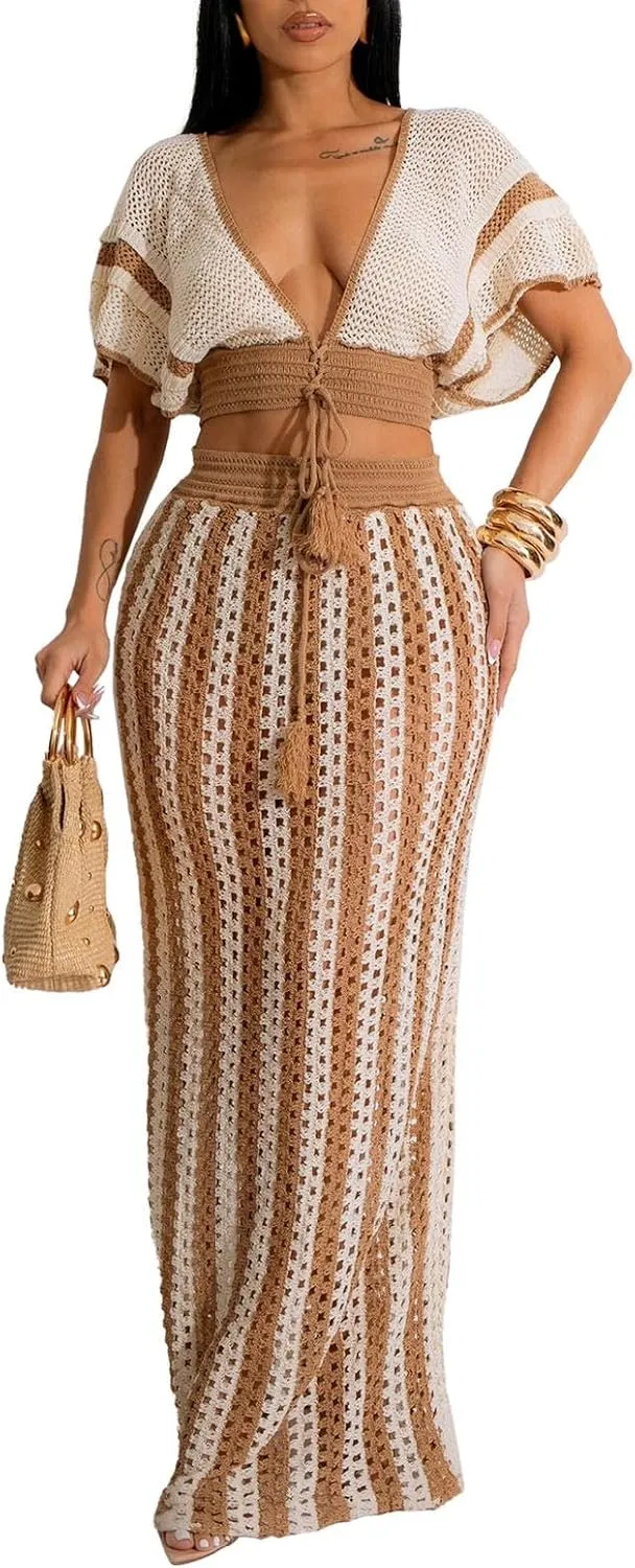 HANMAX 2 Piece Skirt Set for Women Summer Crochet Skirt Knit Ruffle Top Striped Long Skirt Beach Cover Up