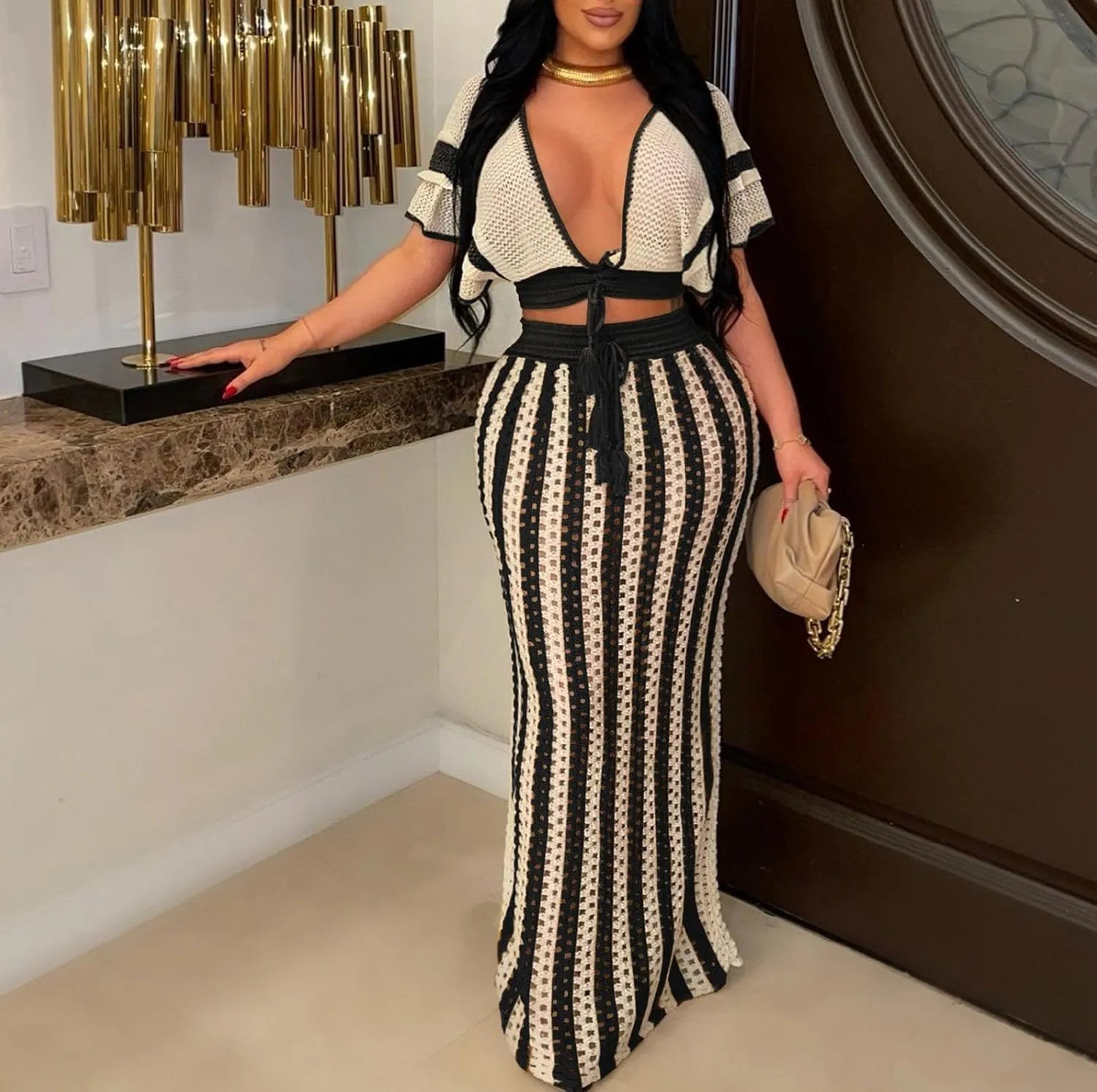 HANMAX 2 Piece Skirt Set for Women Summer Crochet Skirt Knit Ruffle Top Striped Long Skirt Beach Cover Up