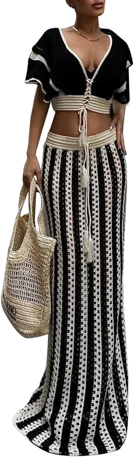 HANMAX 2 Piece Skirt Set for Women Summer Crochet Skirt Knit Ruffle Top Striped Long Skirt Beach Cover Up