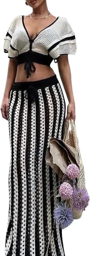 HANMAX 2 Piece Skirt Set for Women Summer Crochet Skirt Knit Ruffle Top Striped Long Skirt Beach Cover Up