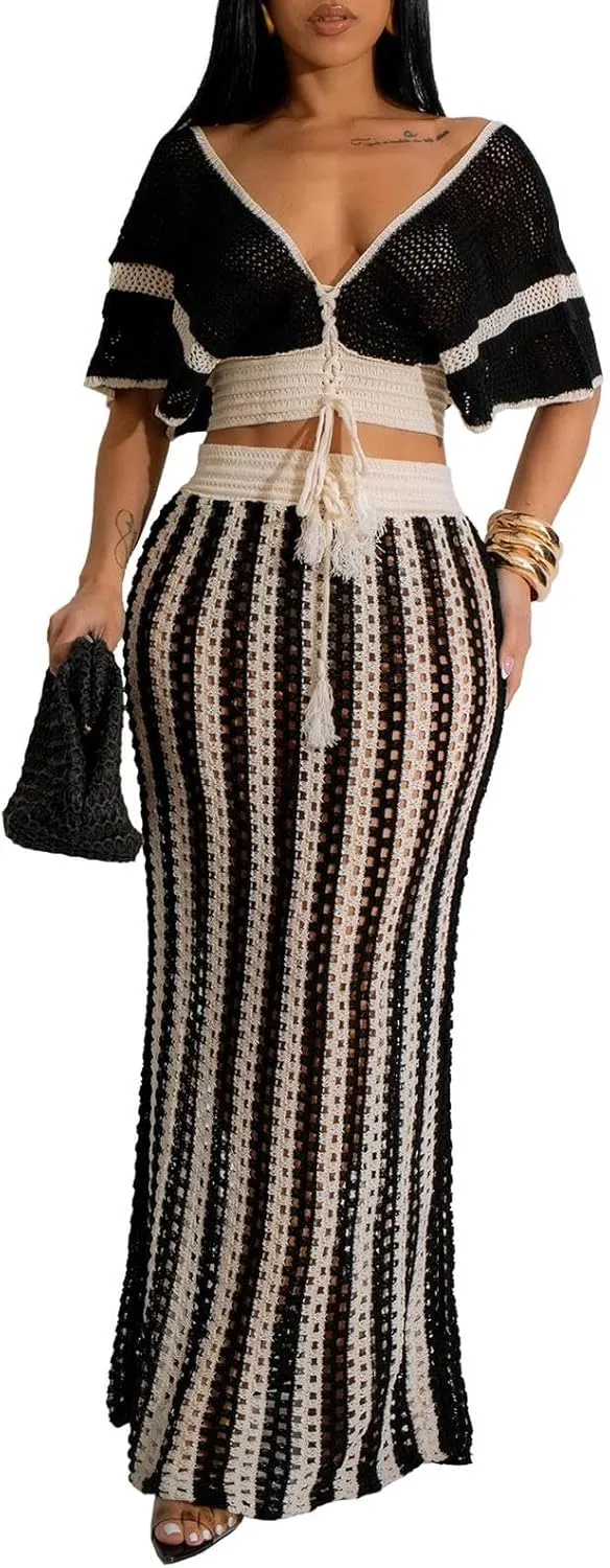 HANMAX 2 Piece Skirt Set for Women Summer Crochet Skirt Knit Ruffle Top Striped Long Skirt Beach Cover Up