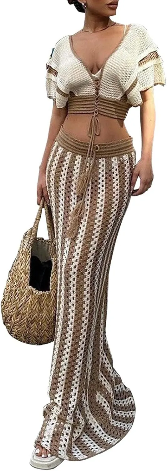 HANMAX 2 Piece Skirt Set for Women Summer Crochet Skirt Knit Ruffle Top Striped Long Skirt Beach Cover Up