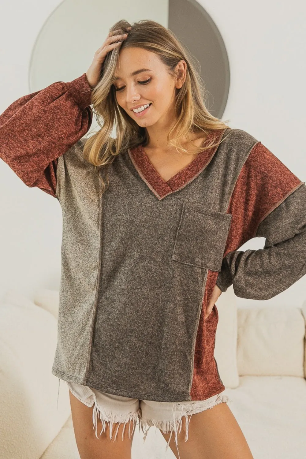 Harvest Color Block Exposed Seam Long Sleeve Top