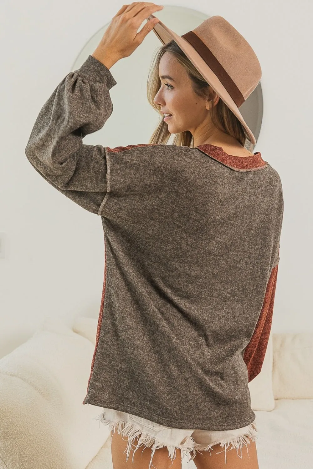 Harvest Color Block Exposed Seam Long Sleeve Top