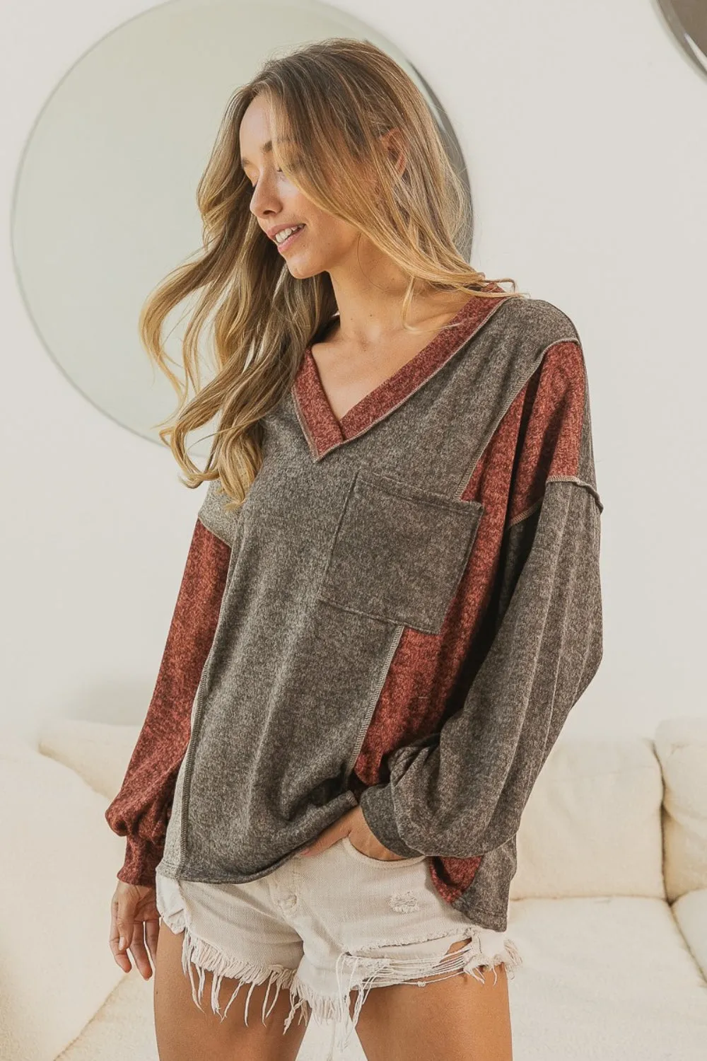 Harvest Color Block Exposed Seam Long Sleeve Top
