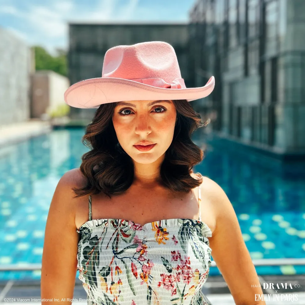 HDC x Emily In Paris Pink Suede Fedora Hat with removable Bow Belt