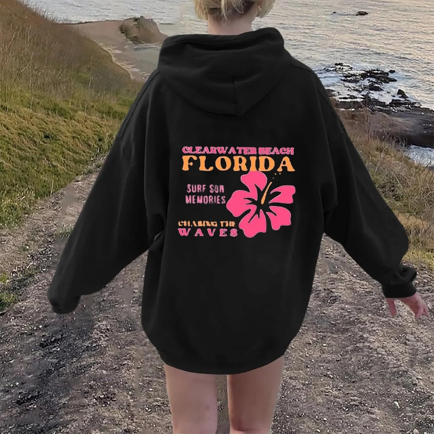 Heevina Pink Palm Puff Hoodie Hoodies For Women Clear Water Beach Florida Surf Sun Memories Chasing The Waves Hoodies