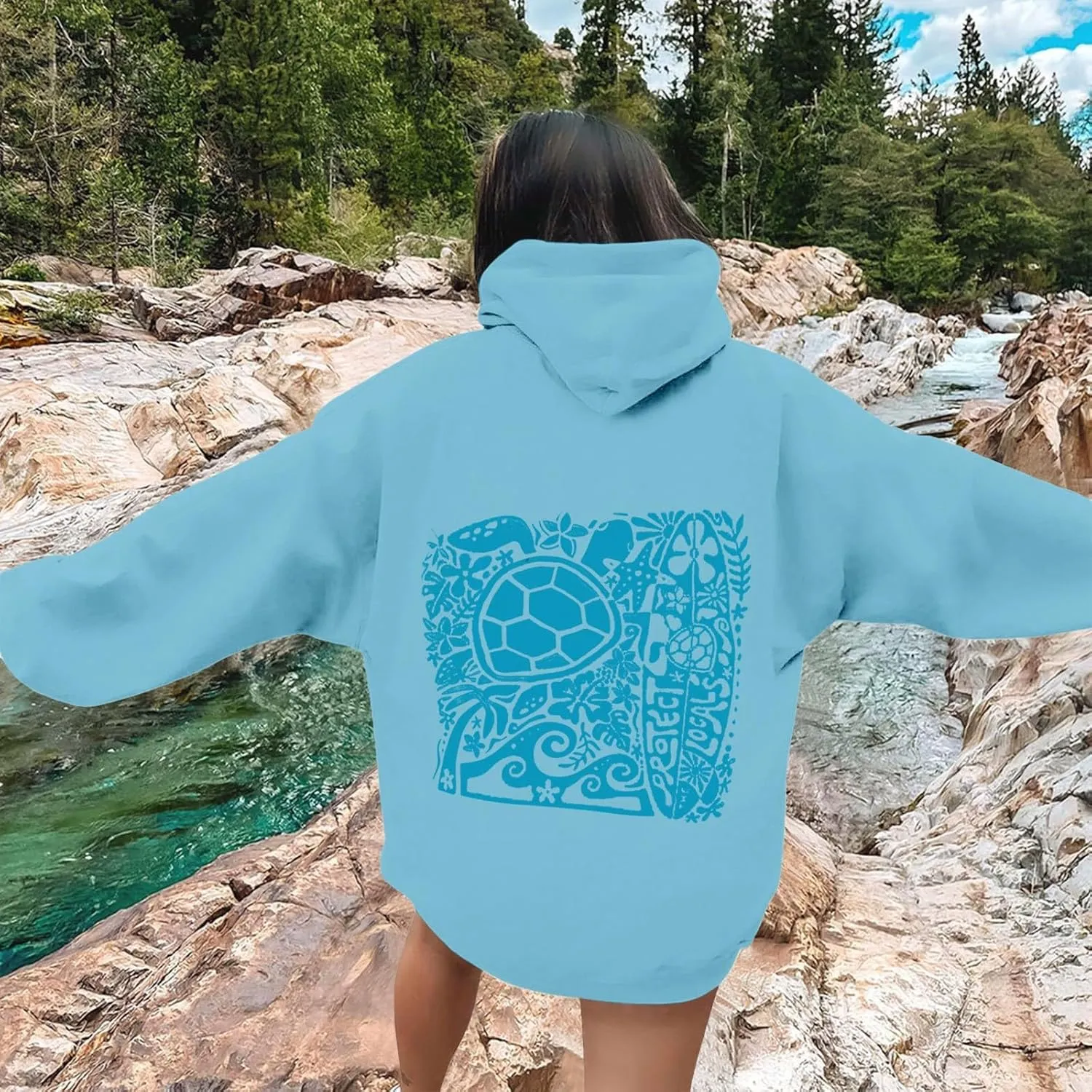 Heevina Pink Palm Puff Hoodie Women Turtle Starfish Surfboard Floral Top Hooded Sweatshirt