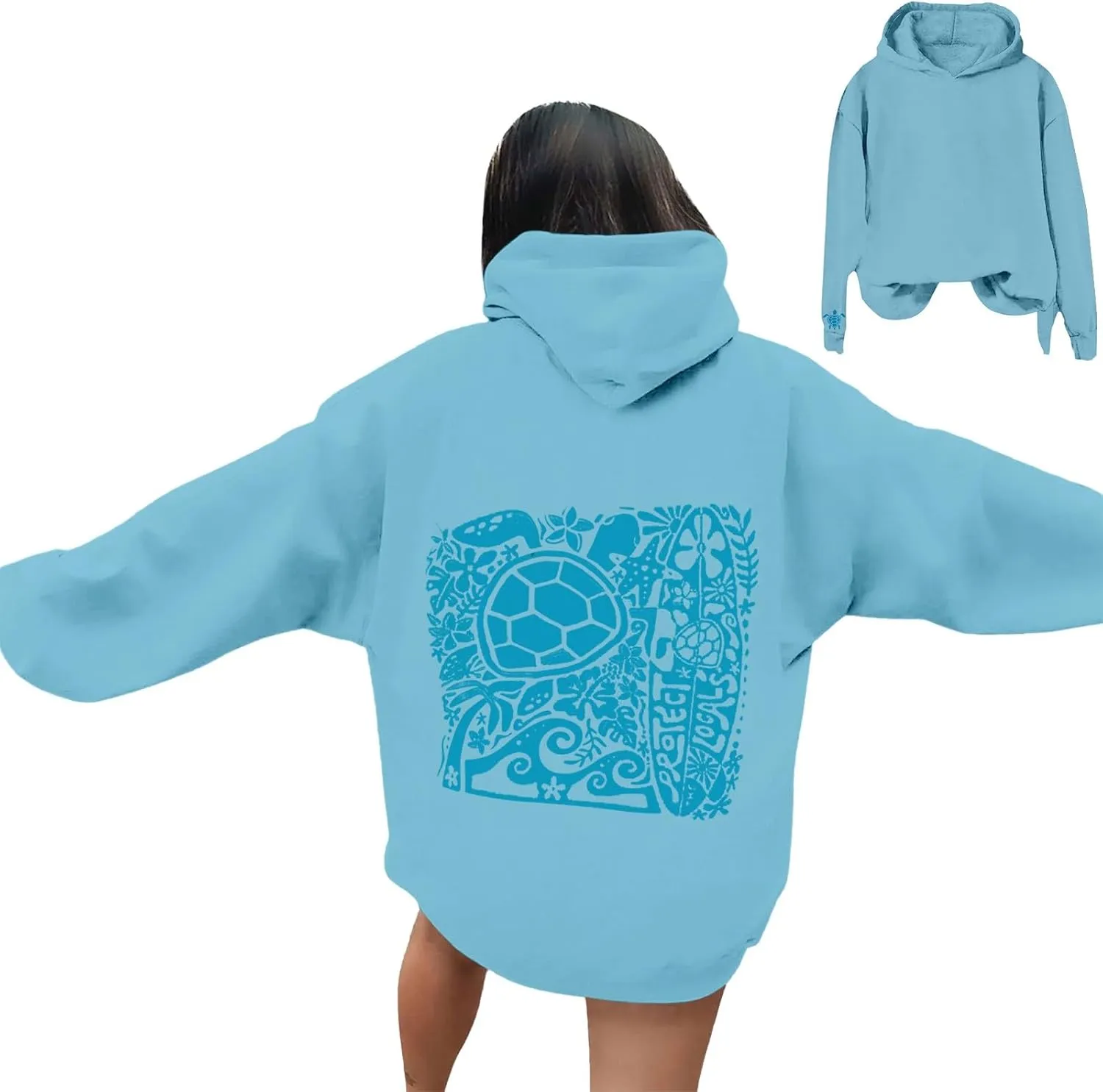 Heevina Pink Palm Puff Hoodie Women Turtle Starfish Surfboard Floral Top Hooded Sweatshirt