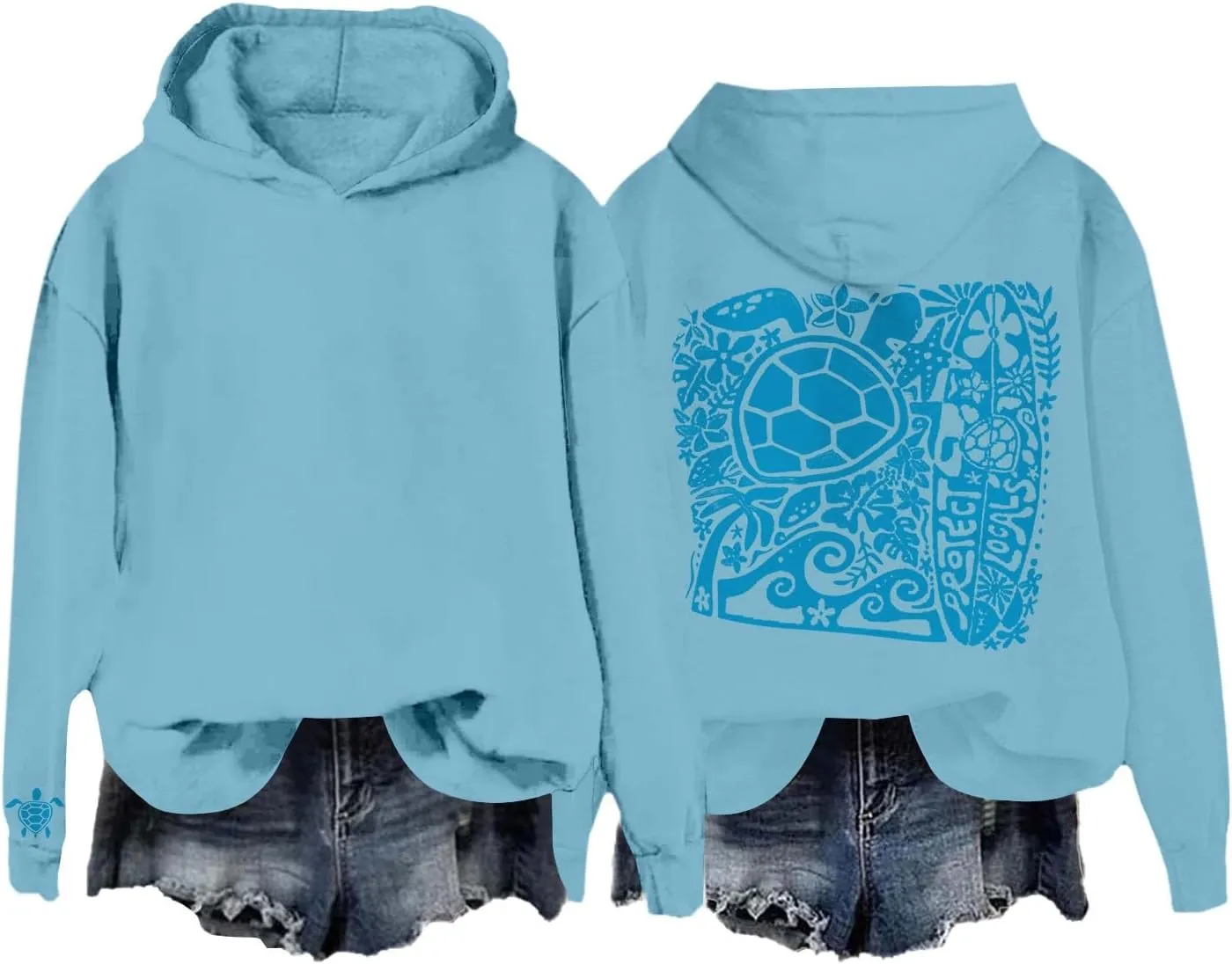 Heevina Pink Palm Puff Hoodie Women Turtle Starfish Surfboard Floral Top Hooded Sweatshirt