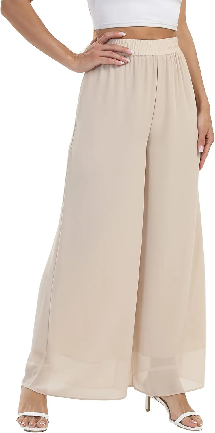 heipeiwa Women's Chiffon Dress Beach Wide Leg Palazzo Pants Elastic Waist Trouser