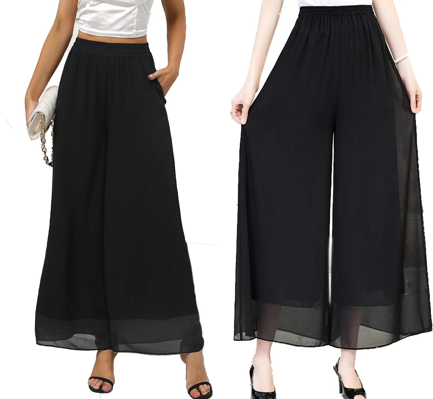 heipeiwa Women's Chiffon Dress Beach Wide Leg Palazzo Pants Elastic Waist Trouser
