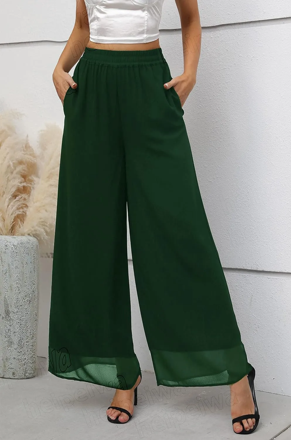 heipeiwa Women's Chiffon Dress Beach Wide Leg Palazzo Pants Elastic Waist Trouser