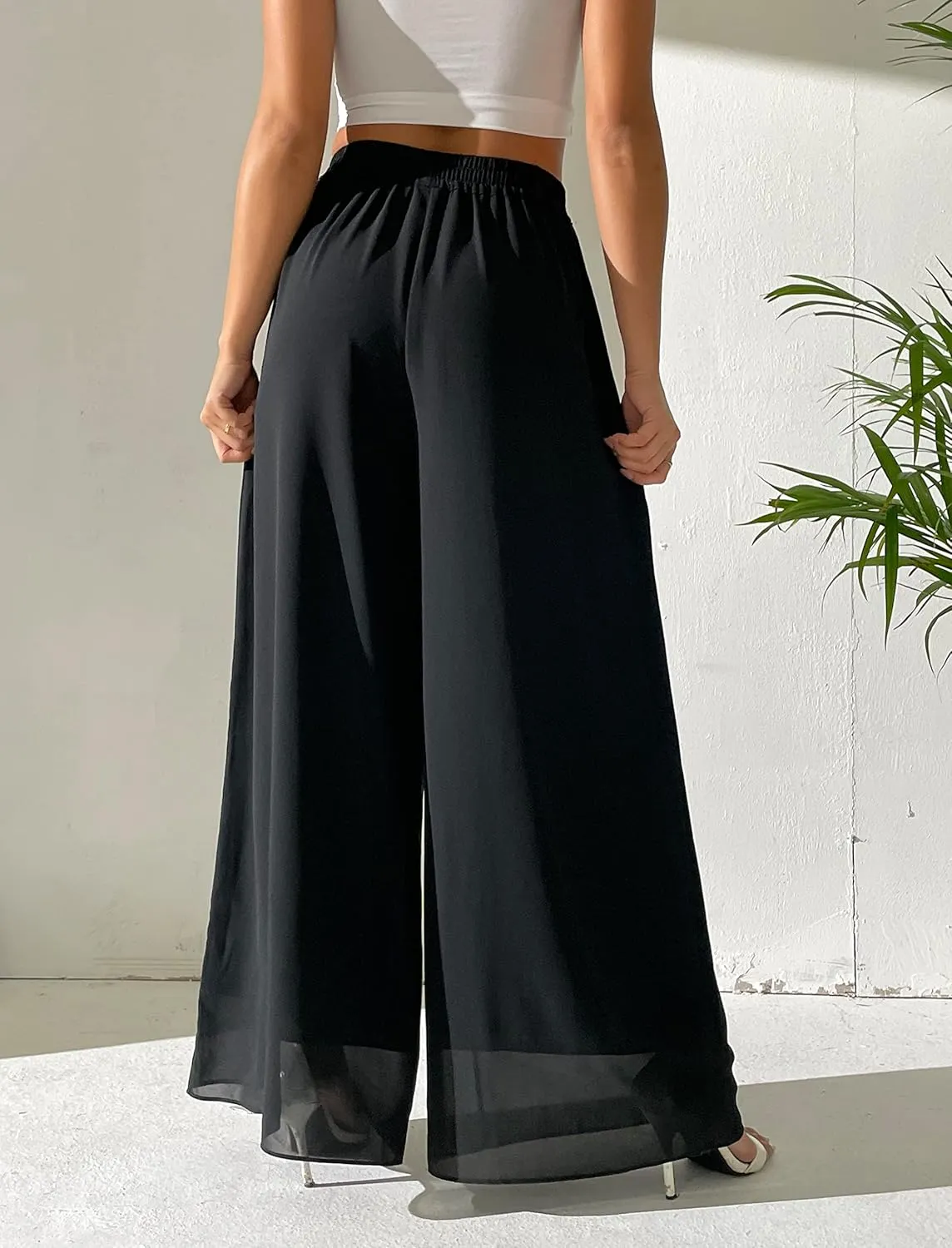heipeiwa Women's Chiffon Dress Beach Wide Leg Palazzo Pants Elastic Waist Trouser