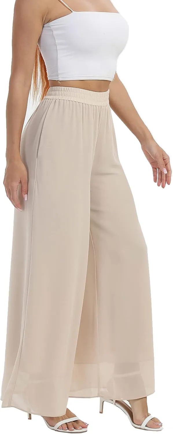 heipeiwa Women's Chiffon Dress Beach Wide Leg Palazzo Pants Elastic Waist Trouser