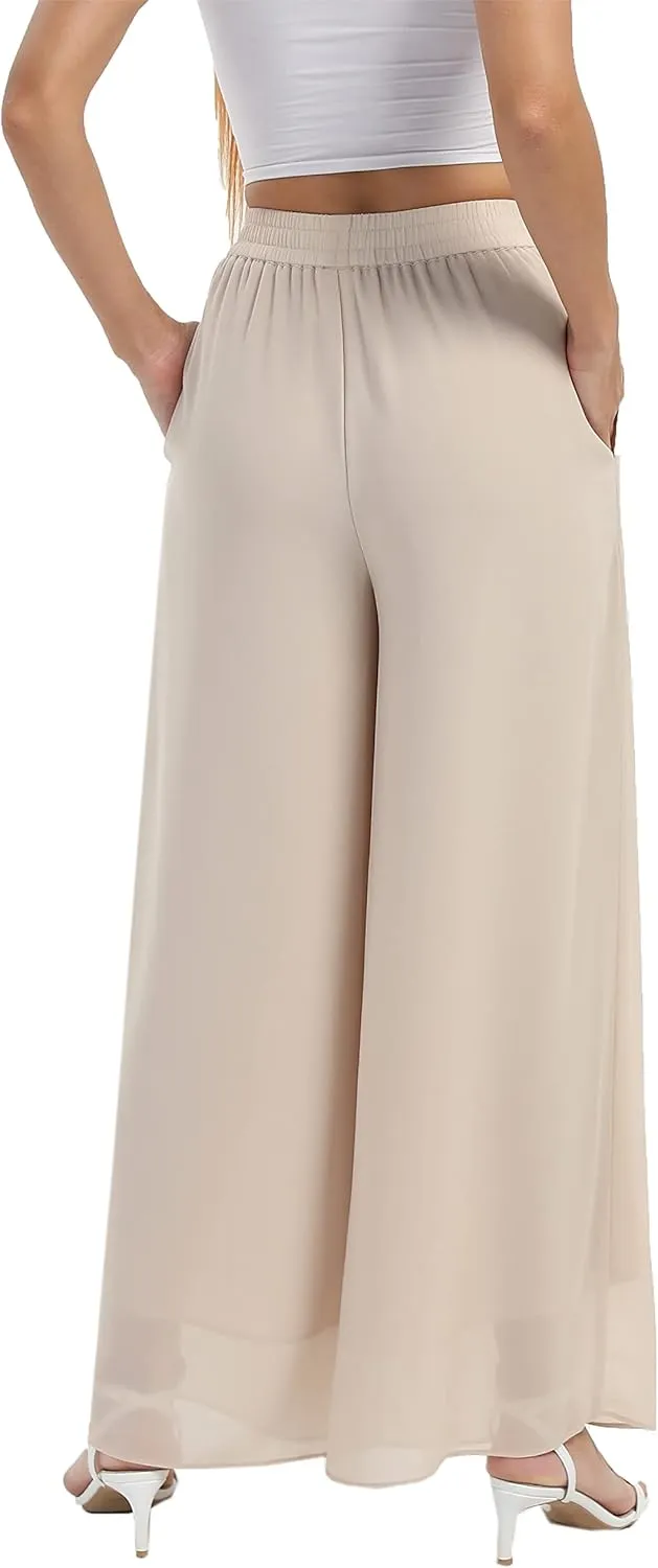 heipeiwa Women's Chiffon Dress Beach Wide Leg Palazzo Pants Elastic Waist Trouser
