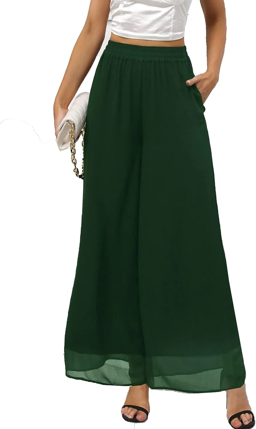 heipeiwa Women's Chiffon Dress Beach Wide Leg Palazzo Pants Elastic Waist Trouser