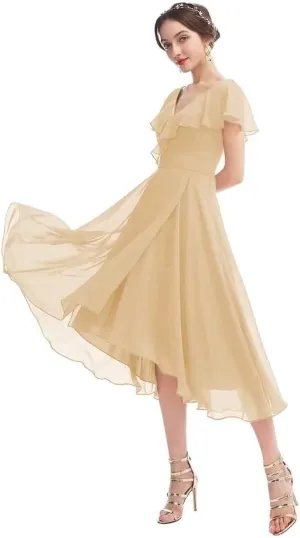 HEWEIGUI Chiffon Bridesmaid Dress for Women V Neck Short Sleeves Formal Cocktail Party Dress with Pockets