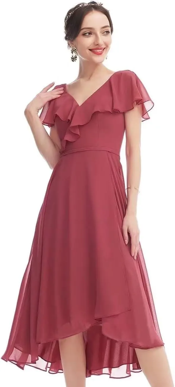HEWEIGUI Chiffon Bridesmaid Dress for Women V Neck Short Sleeves Formal Cocktail Party Dress with Pockets