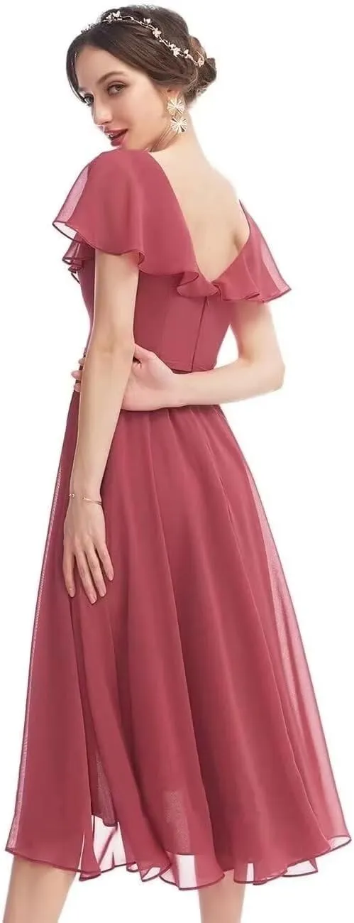HEWEIGUI Chiffon Bridesmaid Dress for Women V Neck Short Sleeves Formal Cocktail Party Dress with Pockets