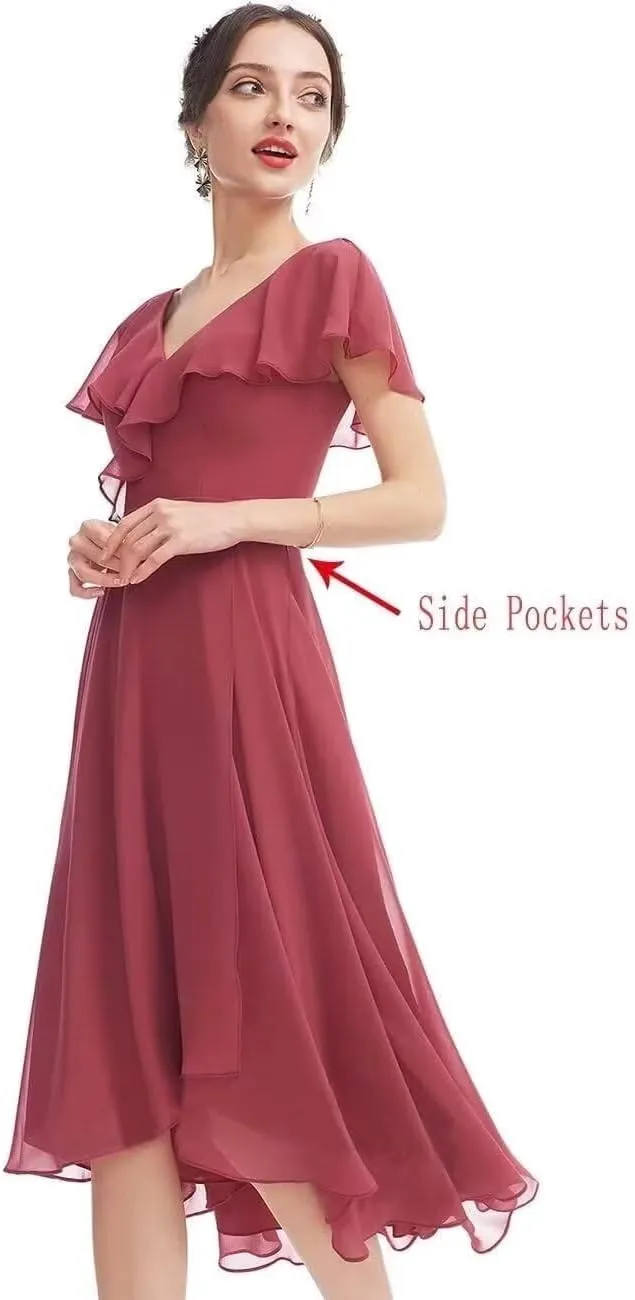 HEWEIGUI Chiffon Bridesmaid Dress for Women V Neck Short Sleeves Formal Cocktail Party Dress with Pockets