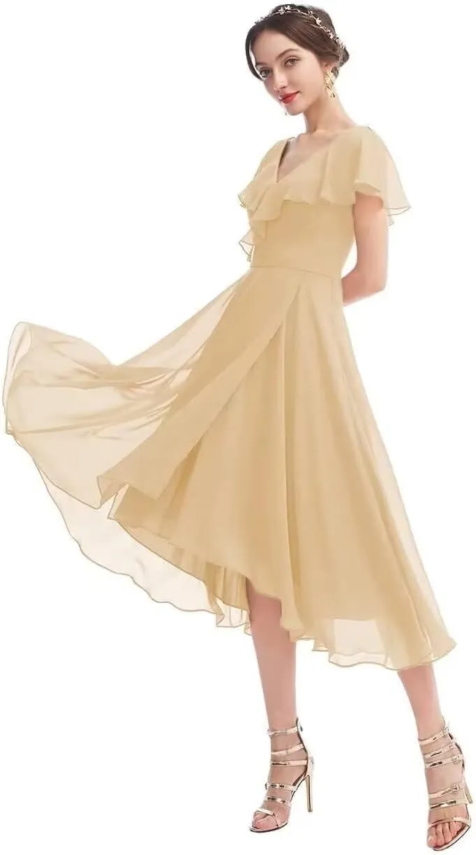 HEWEIGUI Chiffon Bridesmaid Dress for Women V Neck Short Sleeves Formal Cocktail Party Dress with Pockets