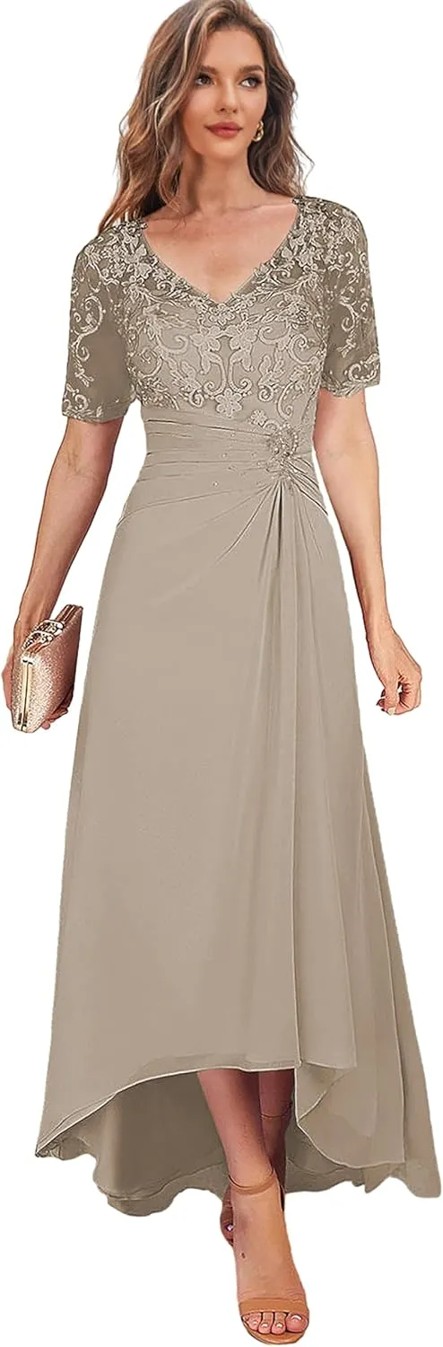 High Low Mother of The Bride Dresses for Women Tea Length Lace Wedding Guest Formal Dress with Sleeves