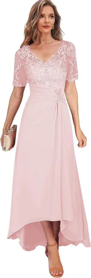 High Low Mother of The Bride Dresses for Women Tea Length Lace Wedding Guest Formal Dress with Sleeves