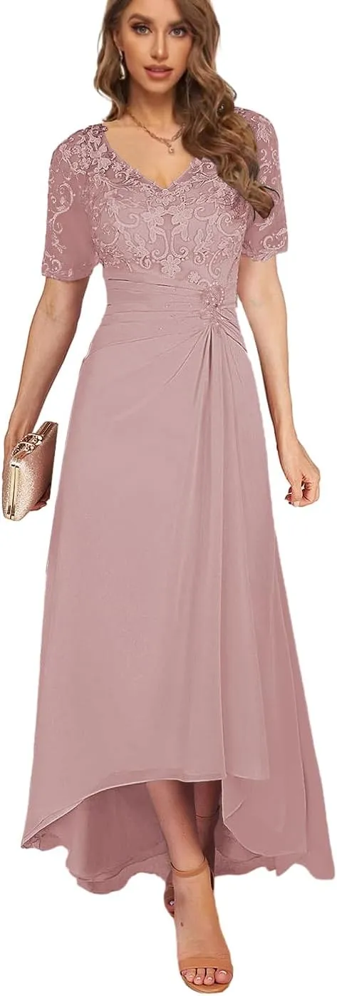 High Low Mother of The Bride Dresses for Women Tea Length Lace Wedding Guest Formal Dress with Sleeves