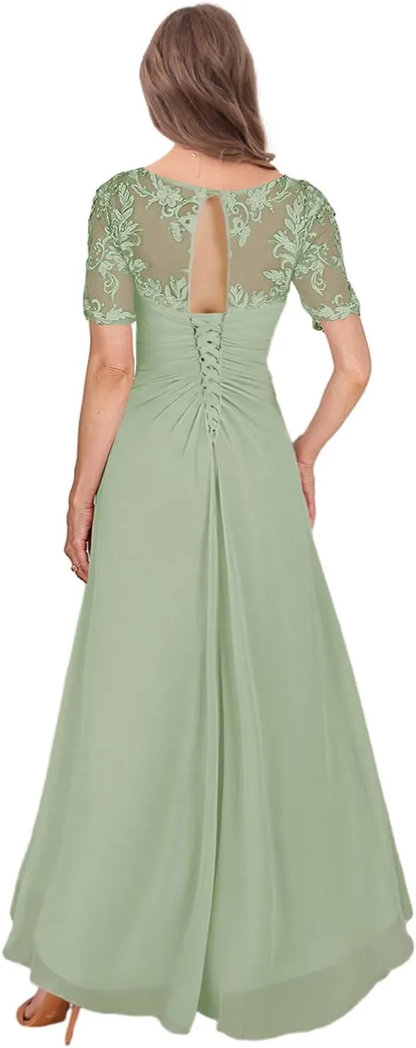 High Low Mother of The Bride Dresses for Women Tea Length Lace Wedding Guest Formal Dress with Sleeves