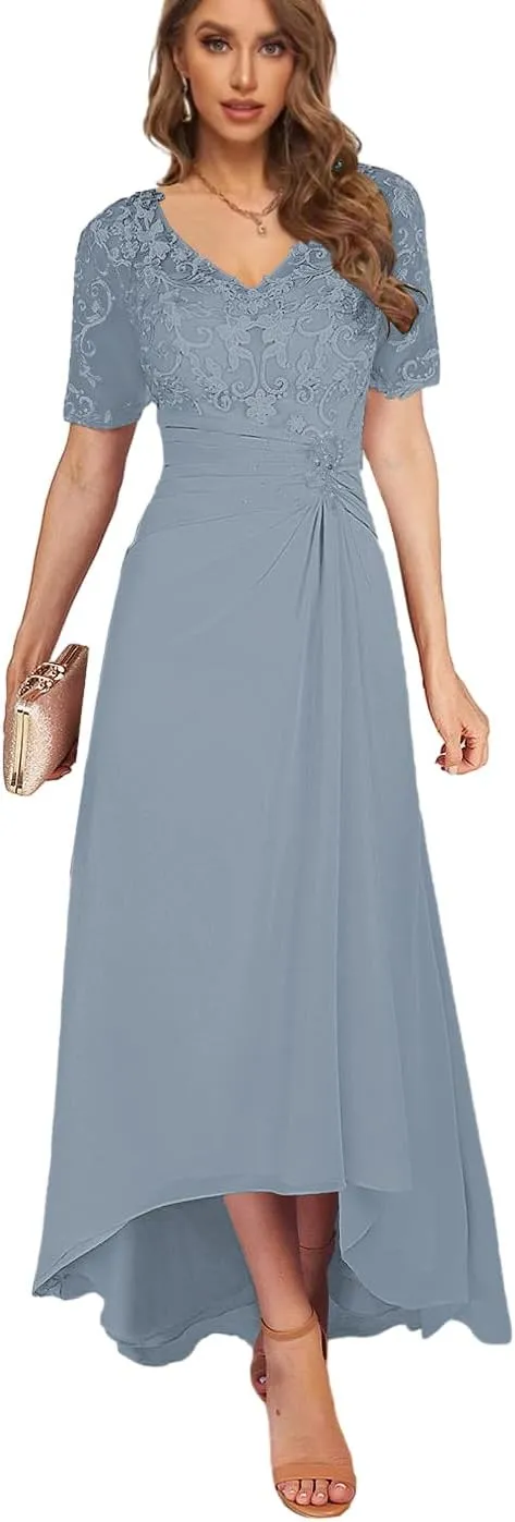 High Low Mother of The Bride Dresses for Women Tea Length Lace Wedding Guest Formal Dress with Sleeves