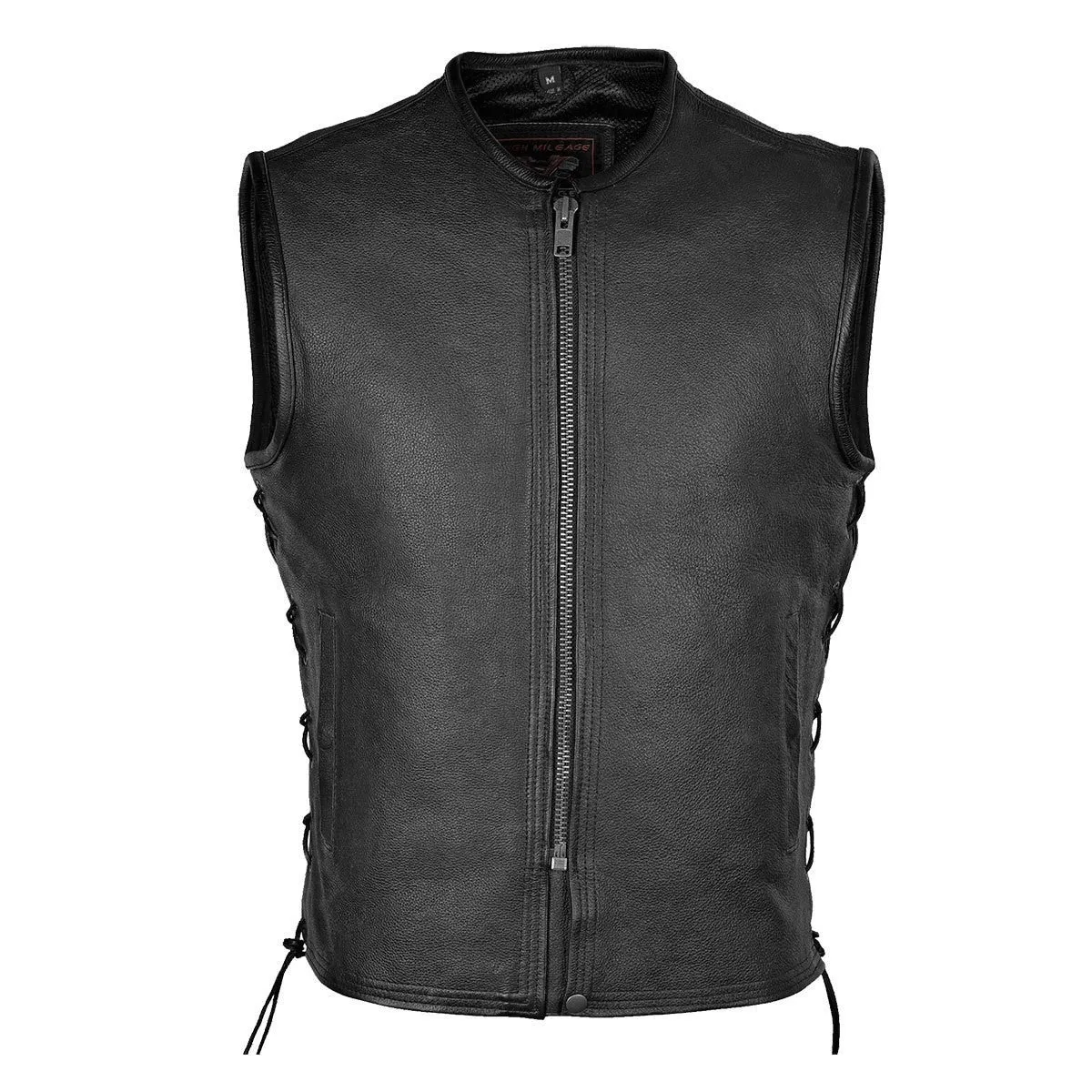 High Mileage Mens Black Premium Cowhide Front Zipper Closure Biker Motorcycle Leather Vest