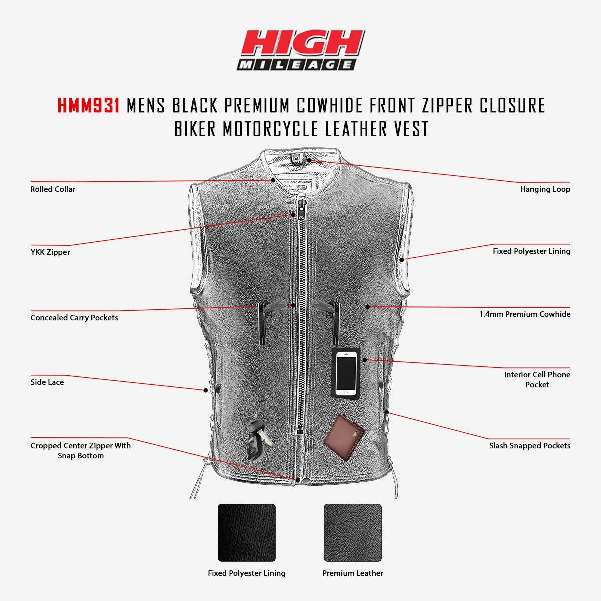 High Mileage Mens Black Premium Cowhide Front Zipper Closure Biker Motorcycle Leather Vest