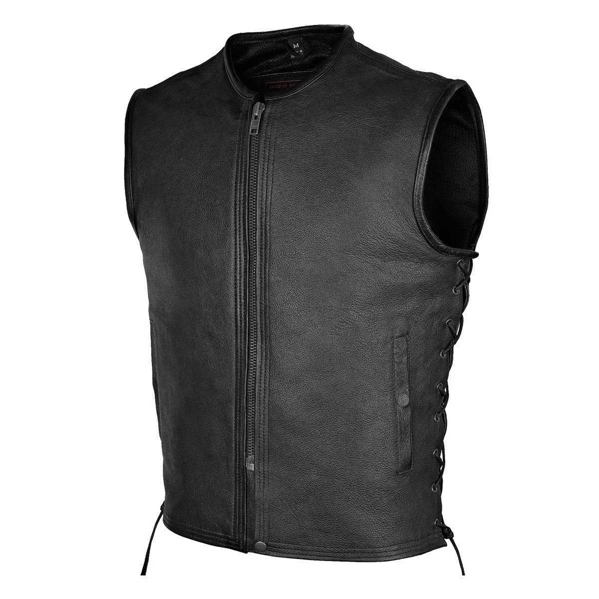 High Mileage Mens Black Premium Cowhide Front Zipper Closure Biker Motorcycle Leather Vest