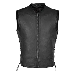 High Mileage Mens Black Premium Cowhide Front Zipper Closure Biker Motorcycle Leather Vest