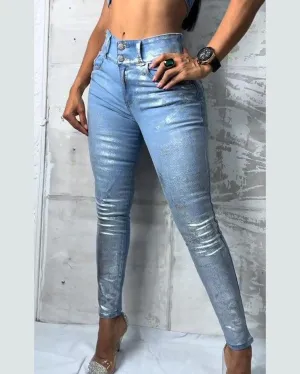 High Waist Metallic Effect Skinny Jeans