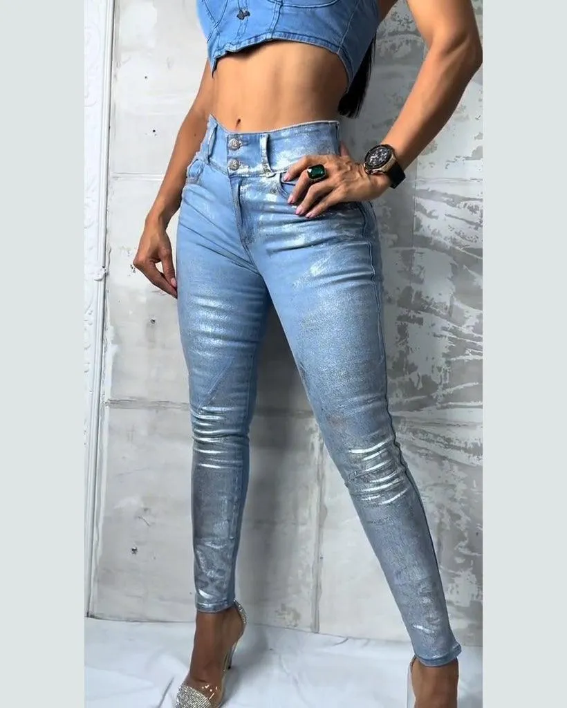 High Waist Metallic Effect Skinny Jeans