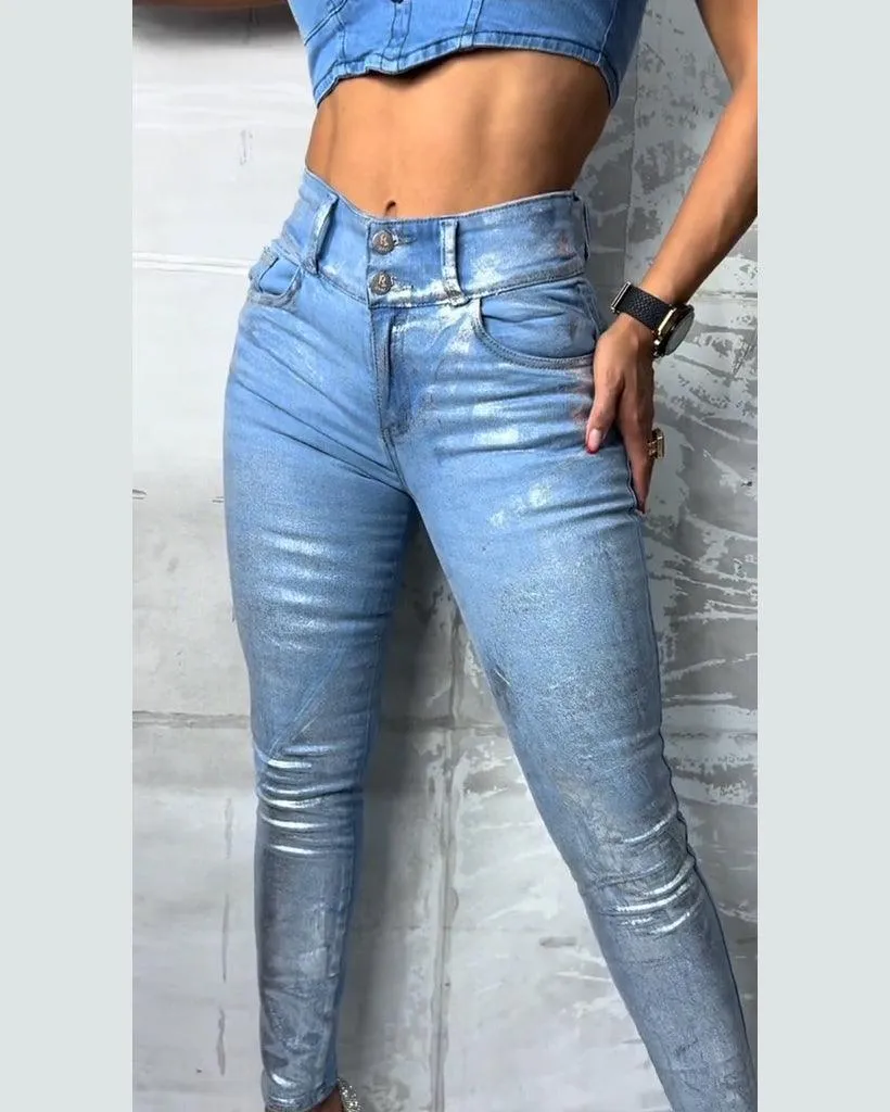 High Waist Metallic Effect Skinny Jeans
