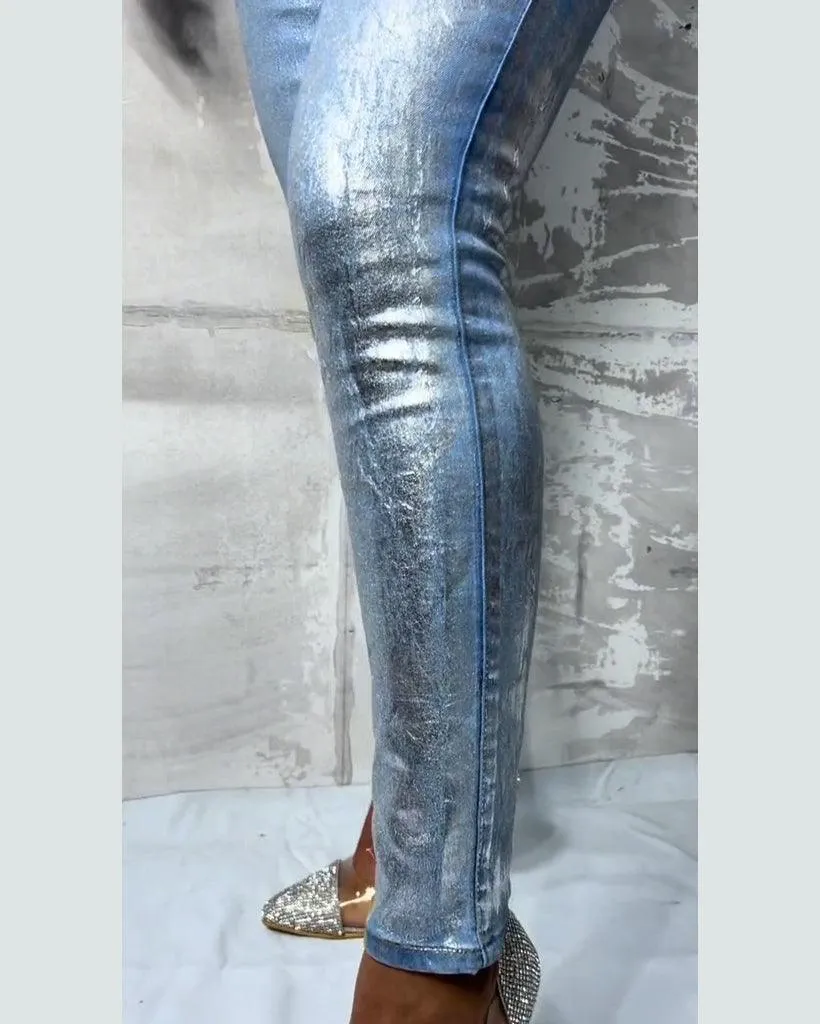 High Waist Metallic Effect Skinny Jeans