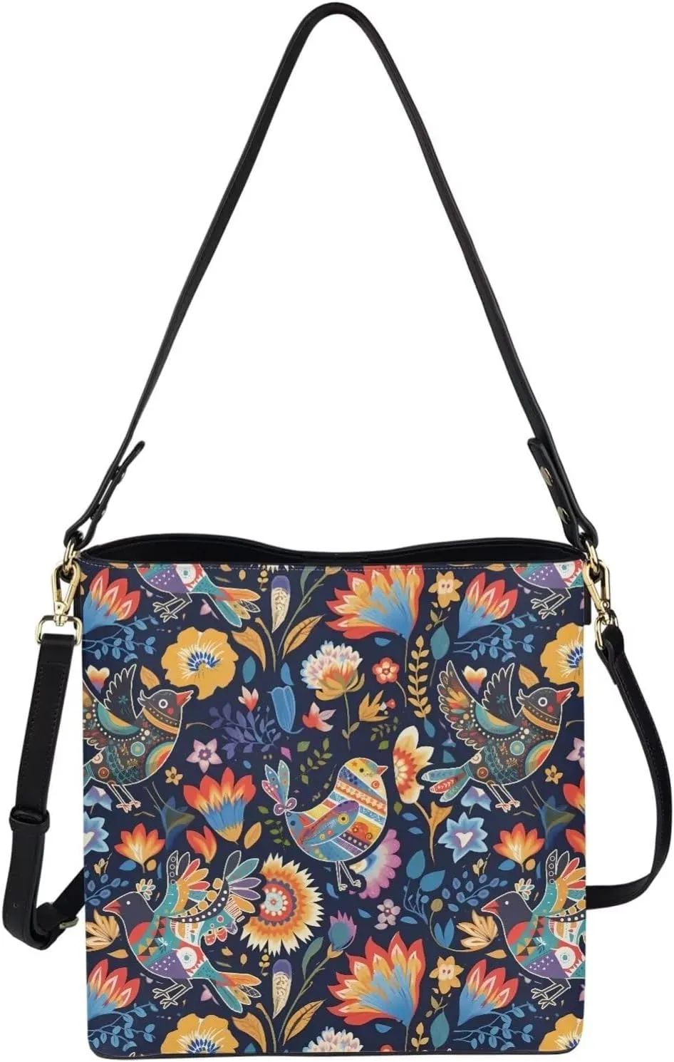 Hobo Bags for Women Top Handle Folk Art Birds Floral Bucket Satchel Shoulder Purse PU Leather with Shoulder Strap