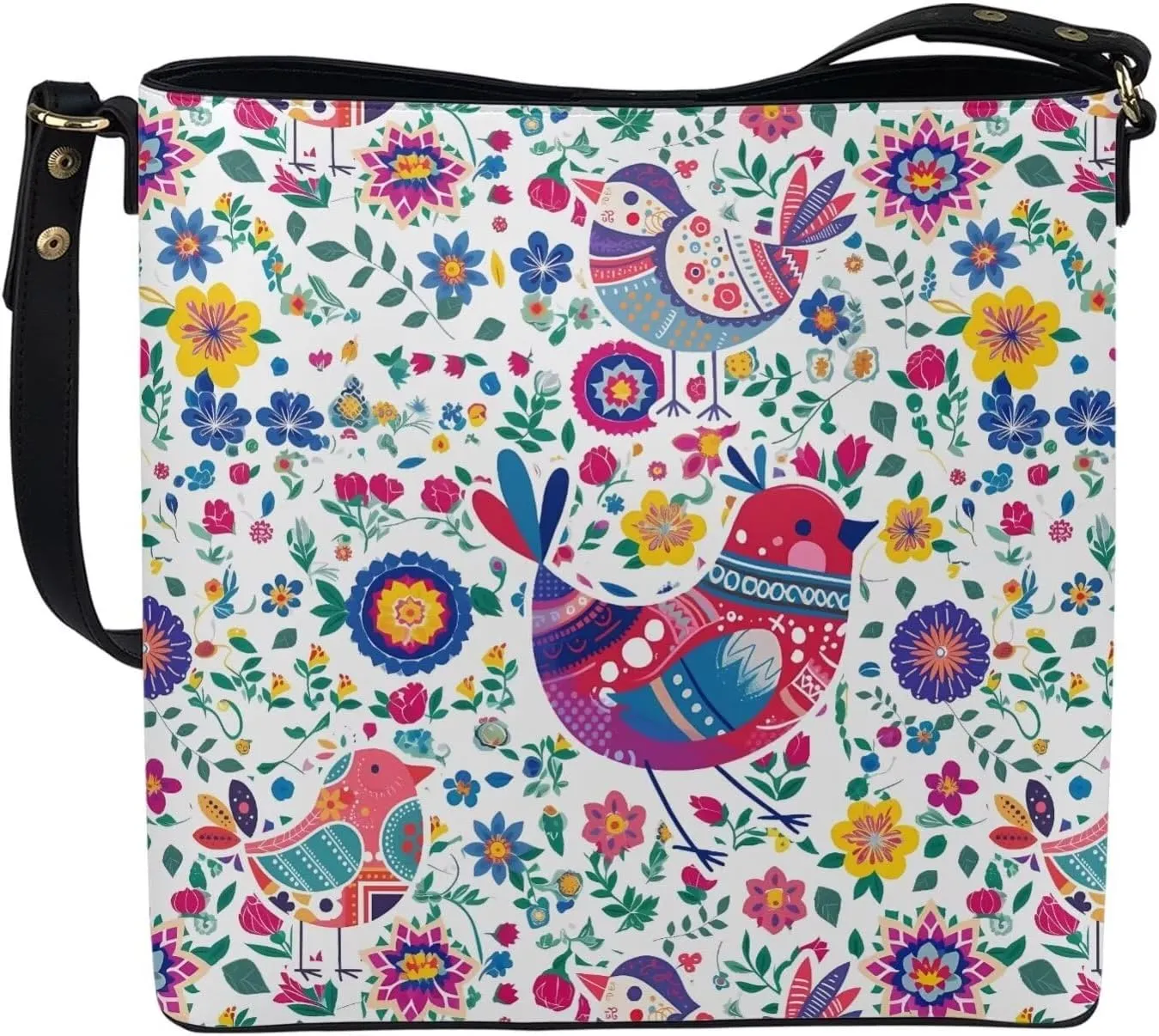 Hobo Bags for Women Top Handle Folk Art Birds Floral Bucket Satchel Shoulder Purse PU Leather with Shoulder Strap