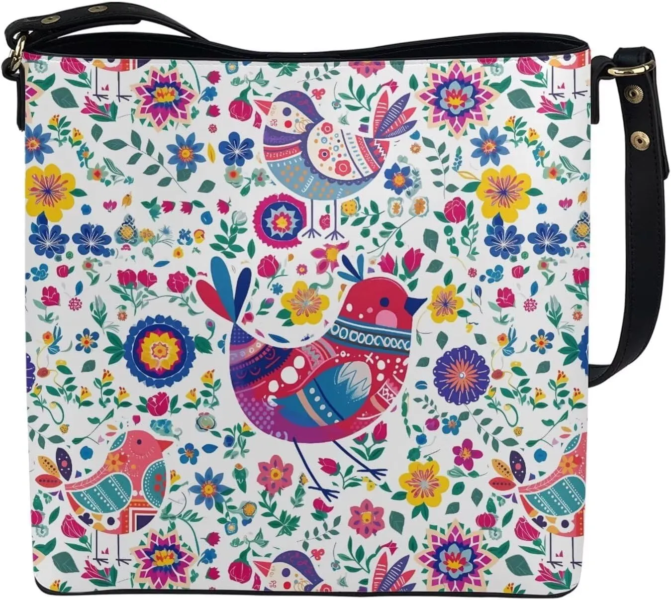 Hobo Bags for Women Top Handle Folk Art Birds Floral Bucket Satchel Shoulder Purse PU Leather with Shoulder Strap