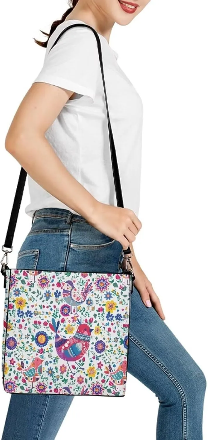 Hobo Bags for Women Top Handle Folk Art Birds Floral Bucket Satchel Shoulder Purse PU Leather with Shoulder Strap