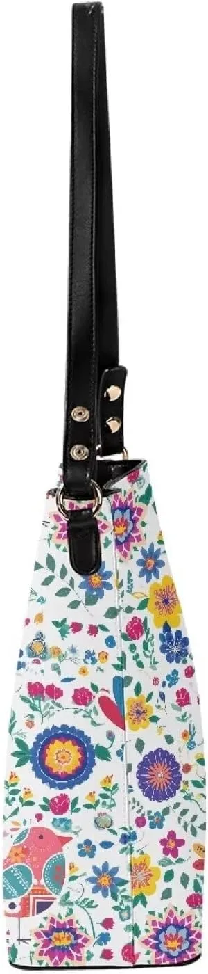 Hobo Bags for Women Top Handle Folk Art Birds Floral Bucket Satchel Shoulder Purse PU Leather with Shoulder Strap