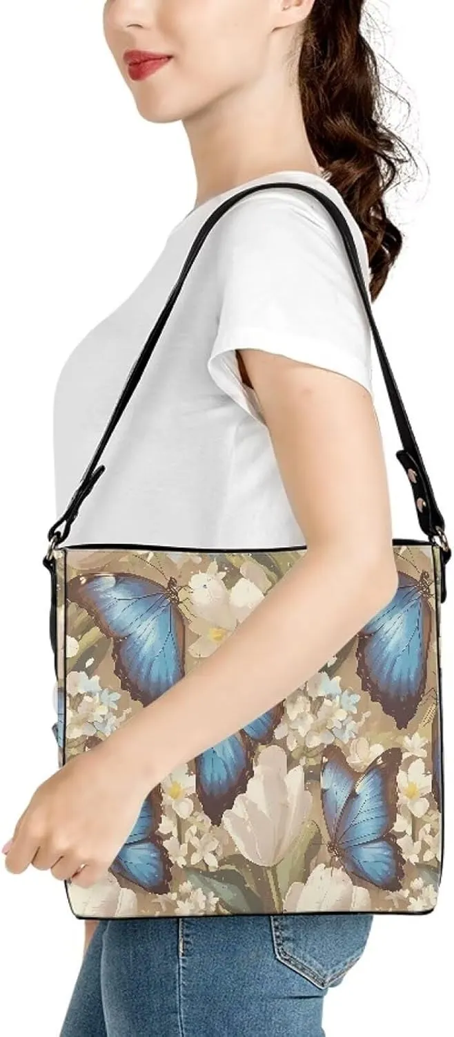 Hobo Bags for Women Top Handle Folk Art Birds Floral Bucket Satchel Shoulder Purse PU Leather with Shoulder Strap