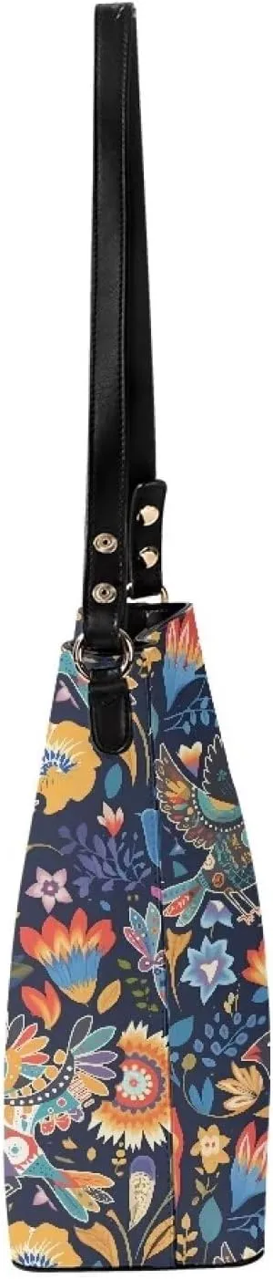 Hobo Bags for Women Top Handle Folk Art Birds Floral Bucket Satchel Shoulder Purse PU Leather with Shoulder Strap
