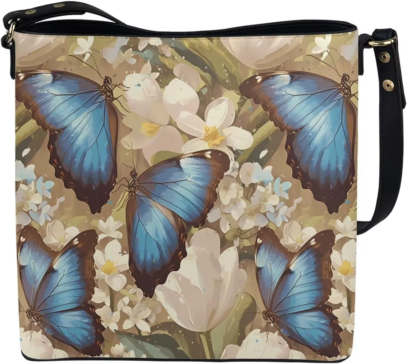 Hobo Bags for Women Top Handle Folk Art Birds Floral Bucket Satchel Shoulder Purse PU Leather with Shoulder Strap