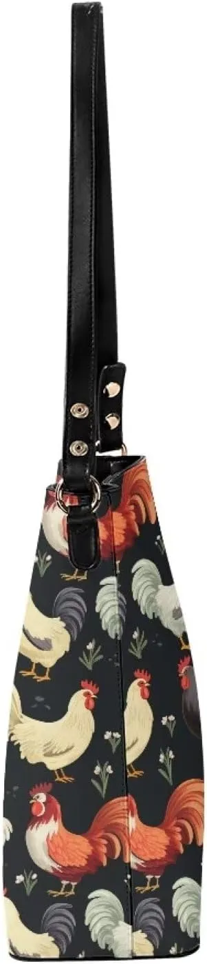 Hobo Bags for Women Top Handle Folk Art Birds Floral Bucket Satchel Shoulder Purse PU Leather with Shoulder Strap