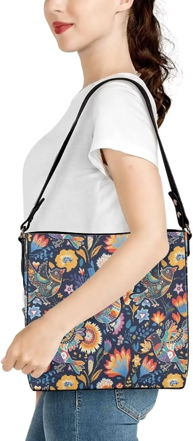 Hobo Bags for Women Top Handle Folk Art Birds Floral Bucket Satchel Shoulder Purse PU Leather with Shoulder Strap