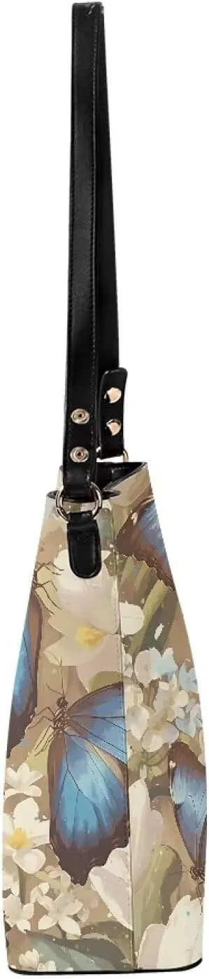 Hobo Bags for Women Top Handle Folk Art Birds Floral Bucket Satchel Shoulder Purse PU Leather with Shoulder Strap